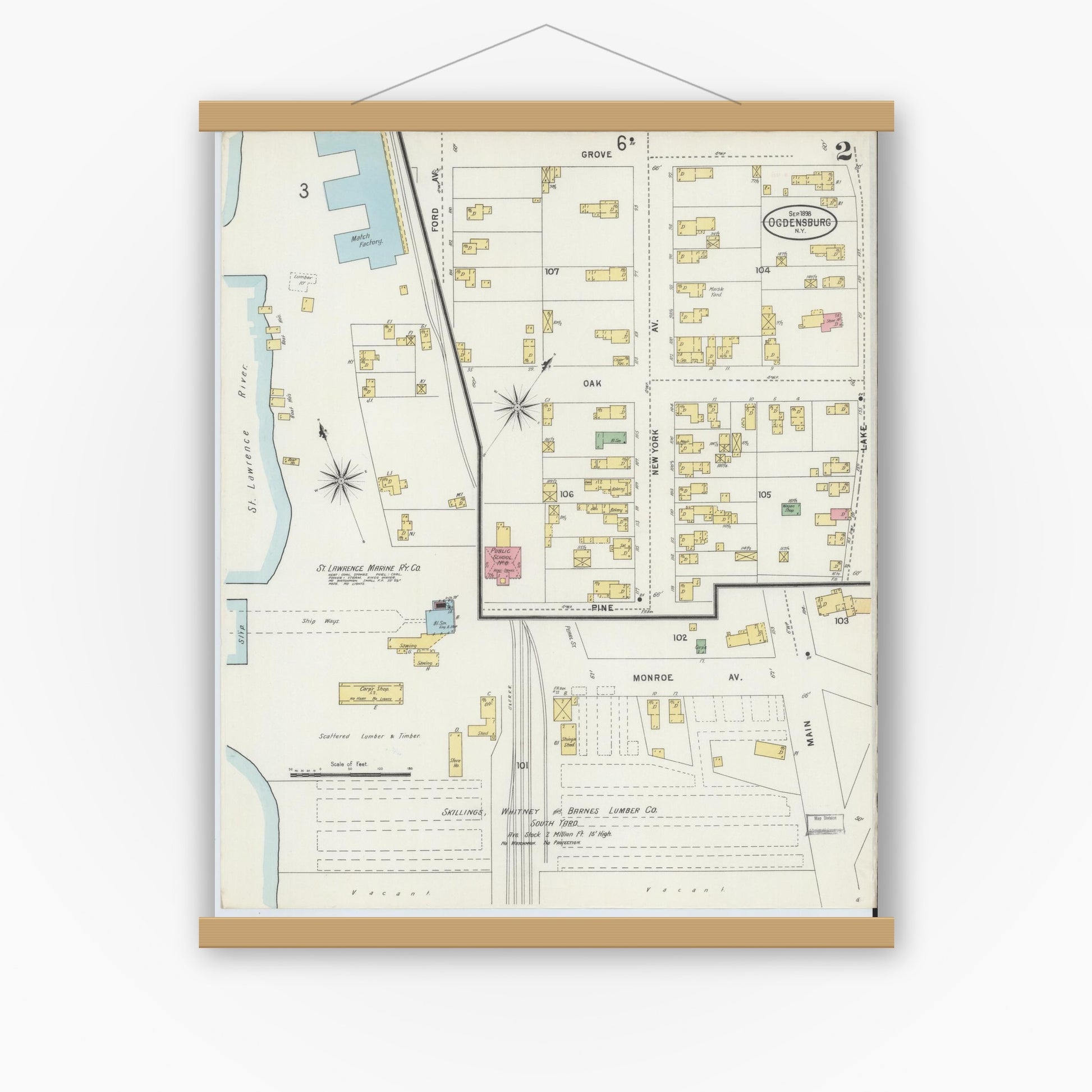 Old map wall art mockup — magnetic wood frame on white wall — Sanborn Fire Insurance Map from Ogdensburg, St. Lawrence County, New York (1898) - Complete Map Set