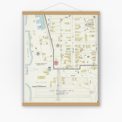 Old map wall art mockup — magnetic wood frame on white wall — Sanborn Fire Insurance Map from Ogdensburg, St. Lawrence County, New York (1898) - Complete Map Set