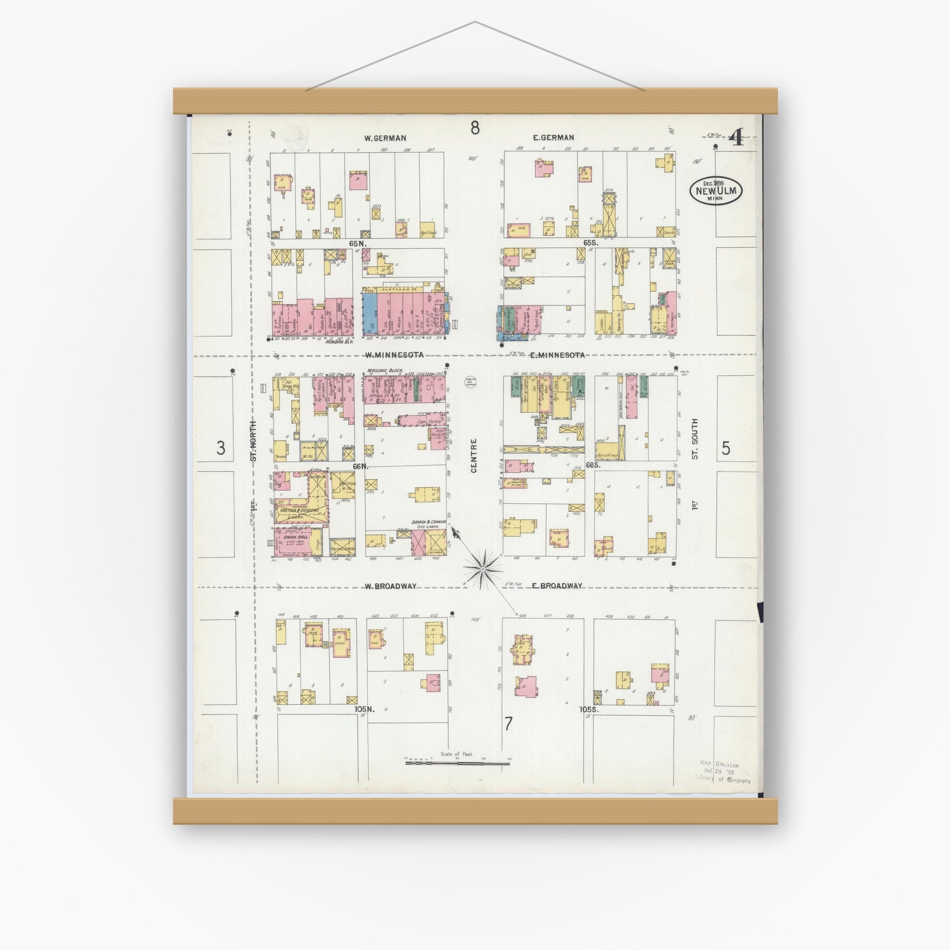 Old map wall art mockup — magnetic wood frame on white wall — Sanborn Fire Insurance Map from New Ulm, Brown County, Minnesota (1899), Sheet #0004