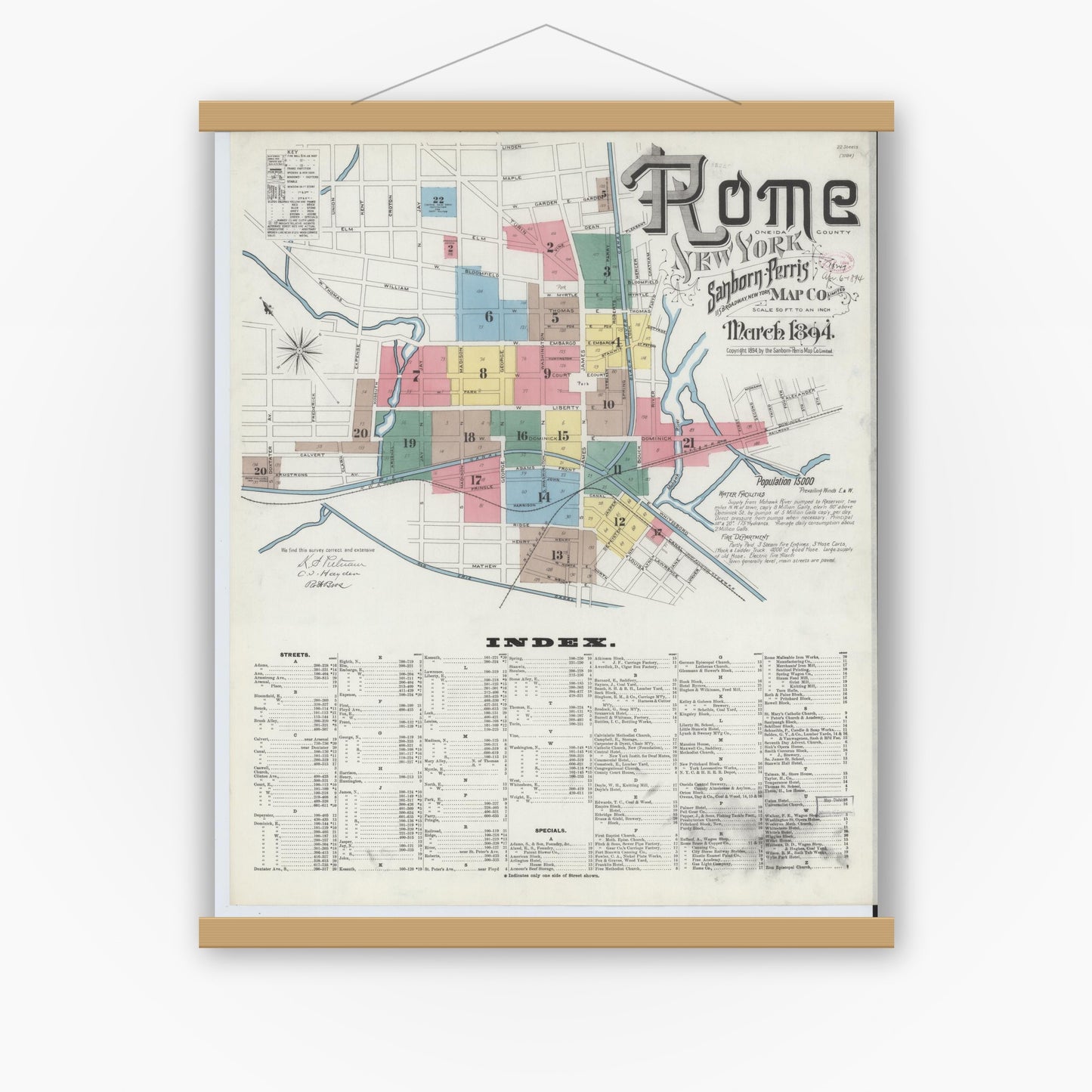 Old map wall art mockup — magnetic wood frame on white wall — Sanborn Fire Insurance Map from Rome, Oneida County, New York (1894), Sheet #0001