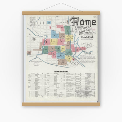 Old map wall art mockup — magnetic wood frame on white wall — Sanborn Fire Insurance Map from Rome, Oneida County, New York (1894), Sheet #0001