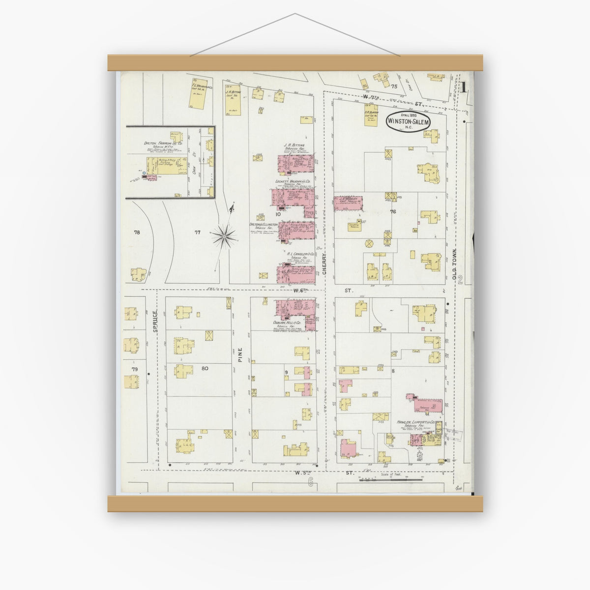Old map wall art mockup — magnetic wood frame on white wall — Sanborn Fire Insurance Map from Winston-Salem, Forsyth County, North Carolina (1895), Sheet #0001
