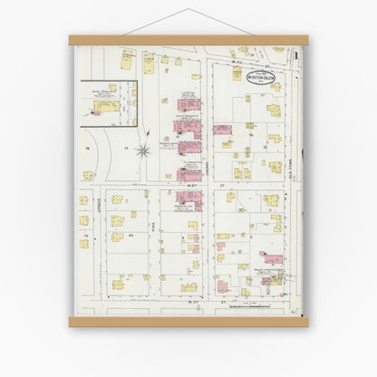 Old map wall art mockup — magnetic wood frame on white wall — Sanborn Fire Insurance Map from Winston-Salem, Forsyth County, North Carolina (1895), Sheet #0001