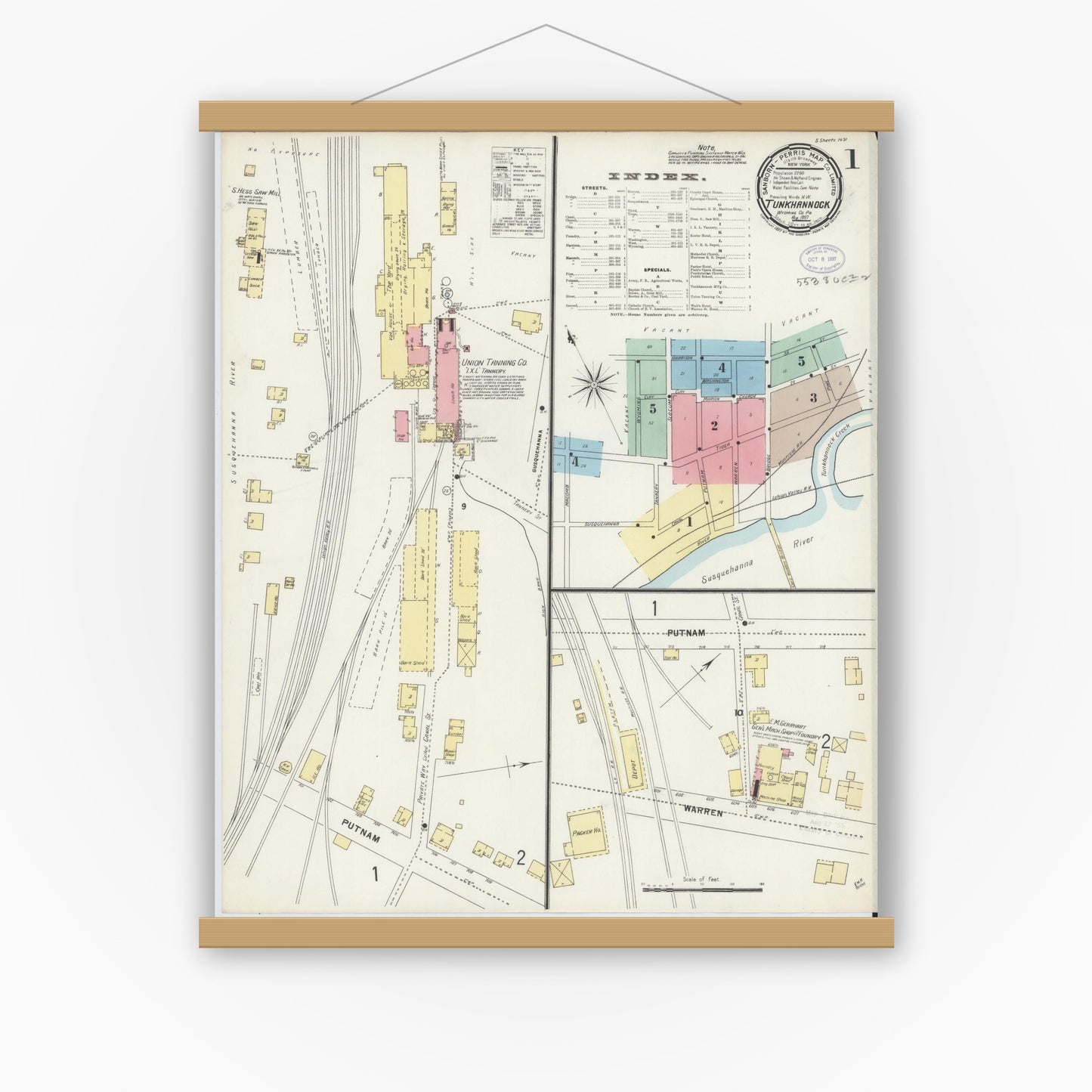 Old map wall art mockup — magnetic wood frame on white wall — Sanborn Fire Insurance Map from Tunkhannock, Wyoming County, Pennsylvania (1897), Sheet #0001