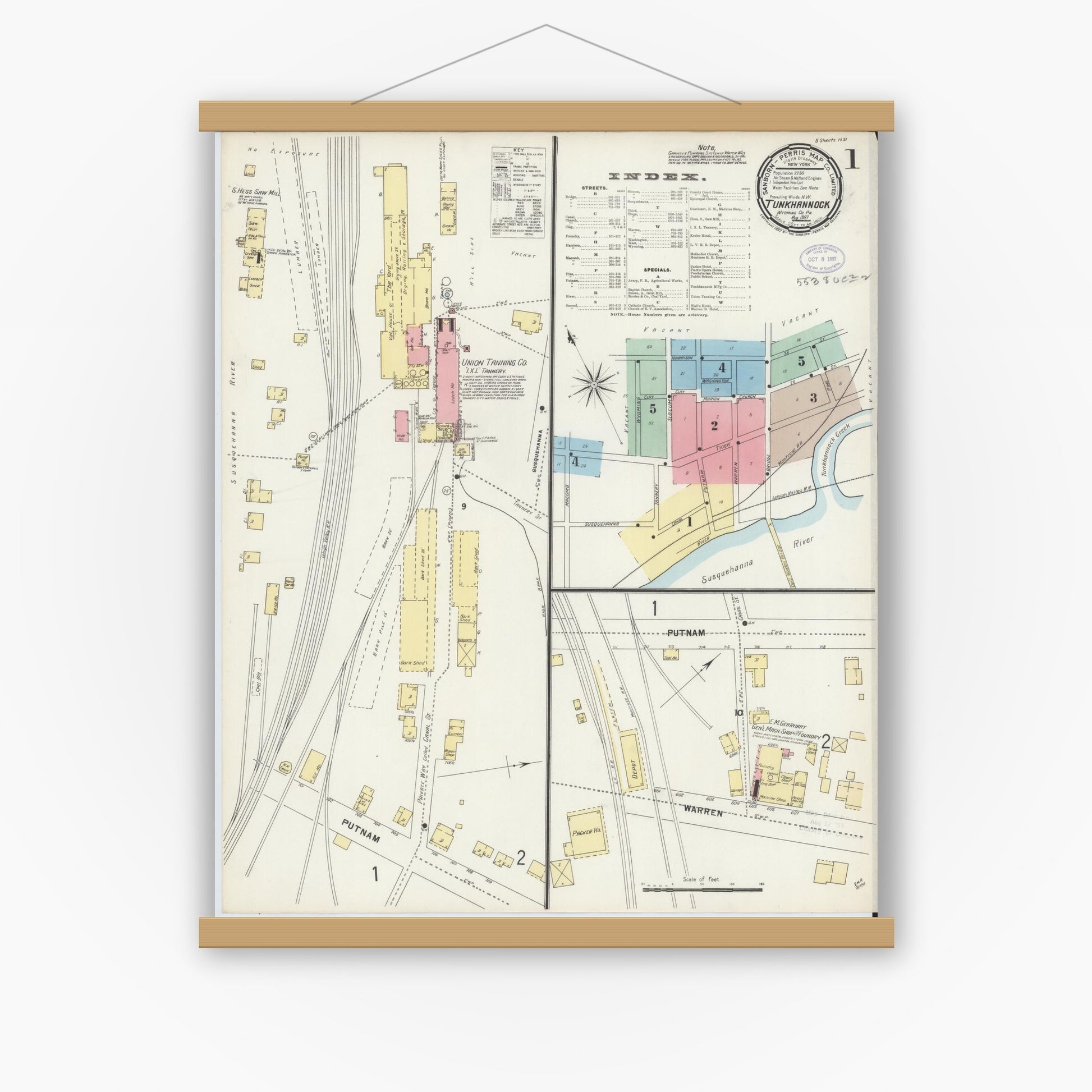 Old map wall art mockup — magnetic wood frame on white wall — Sanborn Fire Insurance Map from Tunkhannock, Wyoming County, Pennsylvania (1897), Sheet #0001