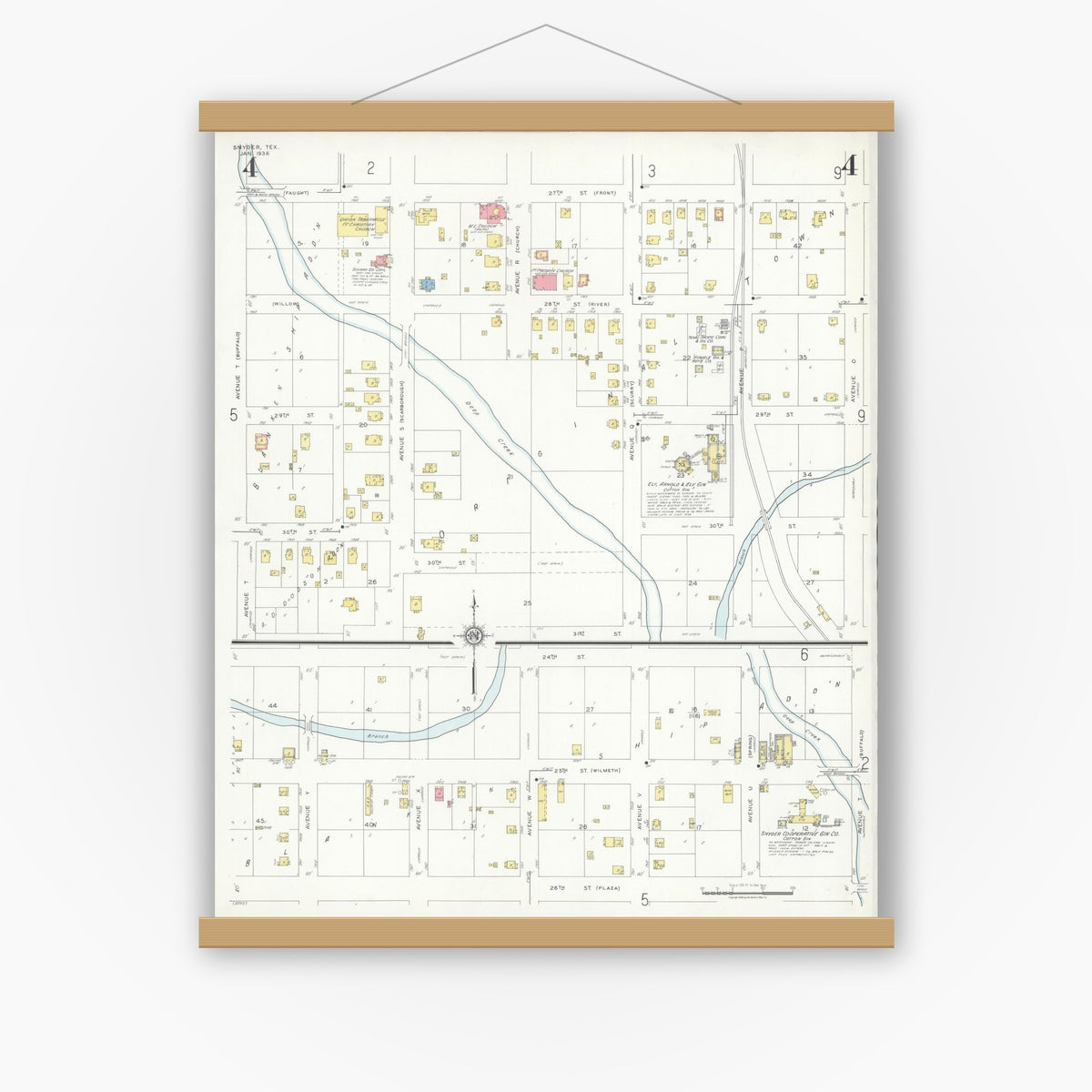 Old map wall art mockup — magnetic wood frame on white wall — Sanborn Fire Insurance Map from Snyder, Scurry County, Texas (1936), Sheet #0004