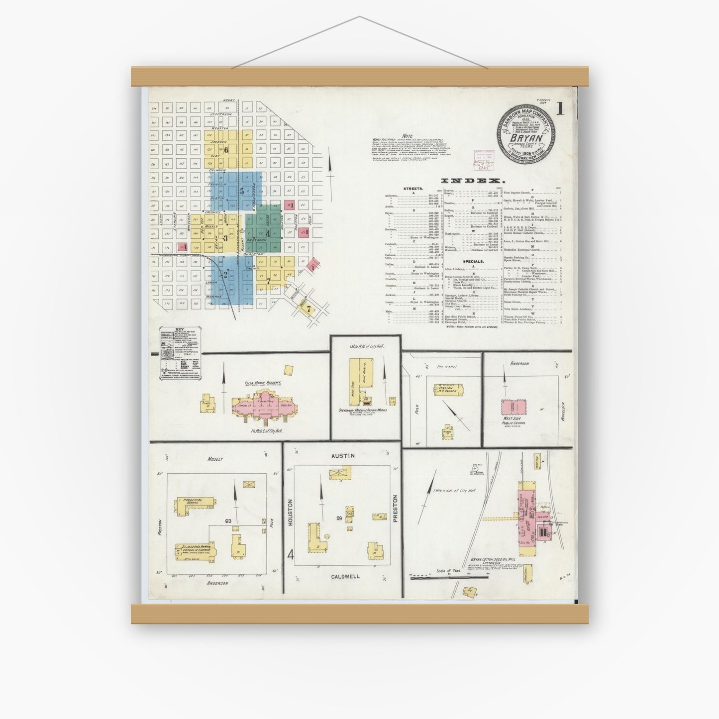 Old map wall art mockup — magnetic wood frame on white wall — Sanborn Fire Insurance Map from Bryan, Brazos County, Texas (1906), Sheet #0001
