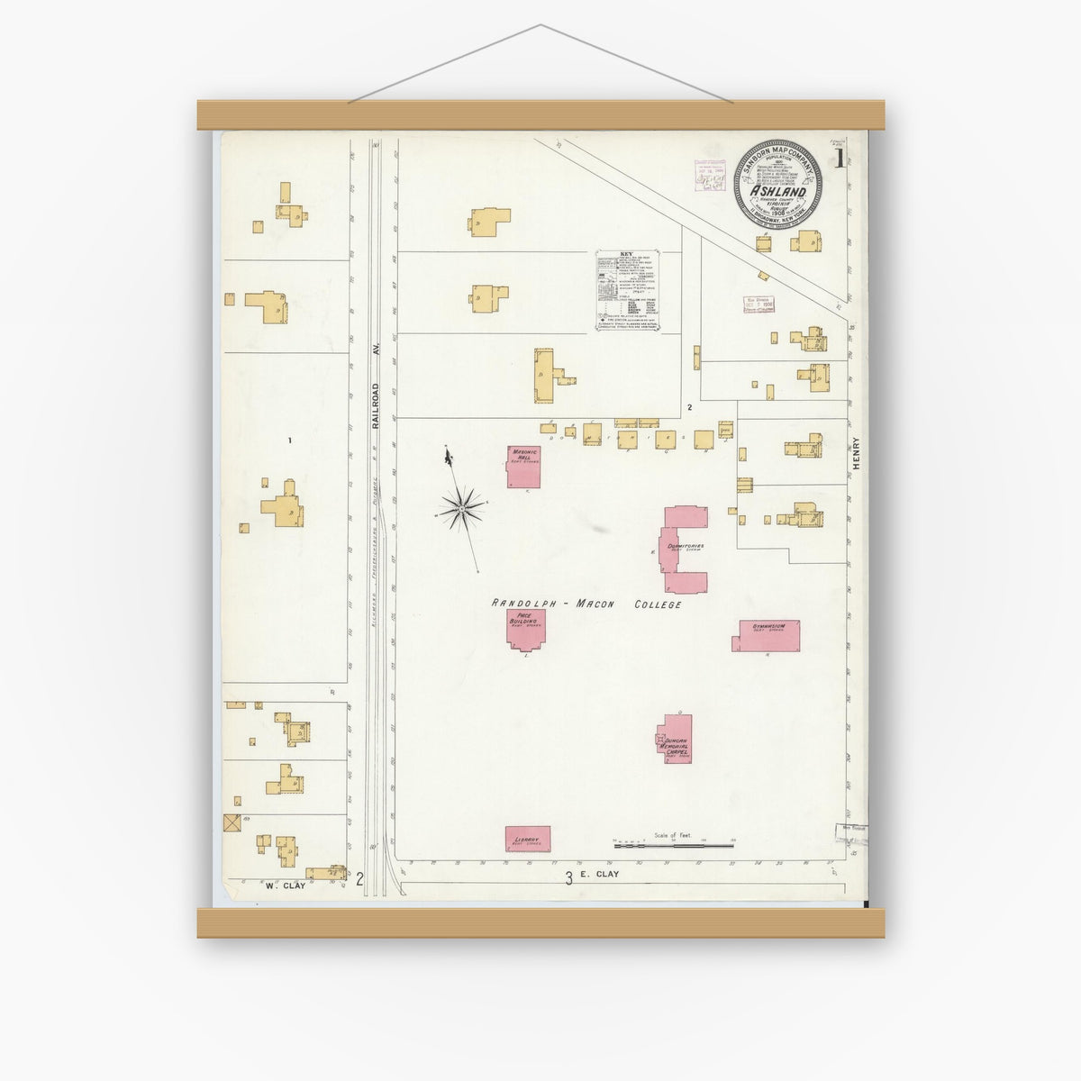 Old map wall art mockup — magnetic wood frame on white wall — Sanborn Fire Insurance Map from Ashland, Hanover County, Virginia (1908), Sheet #0001