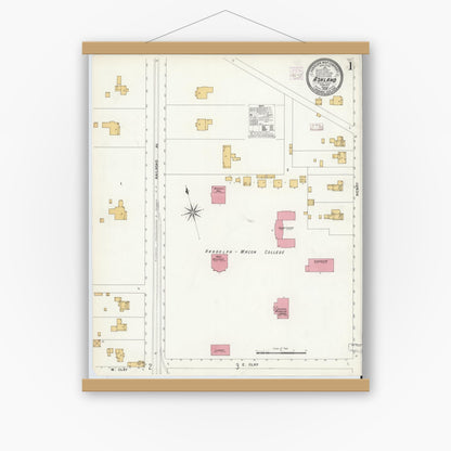 Old map wall art mockup — magnetic wood frame on white wall — Sanborn Fire Insurance Map from Ashland, Hanover County, Virginia (1908), Sheet #0001
