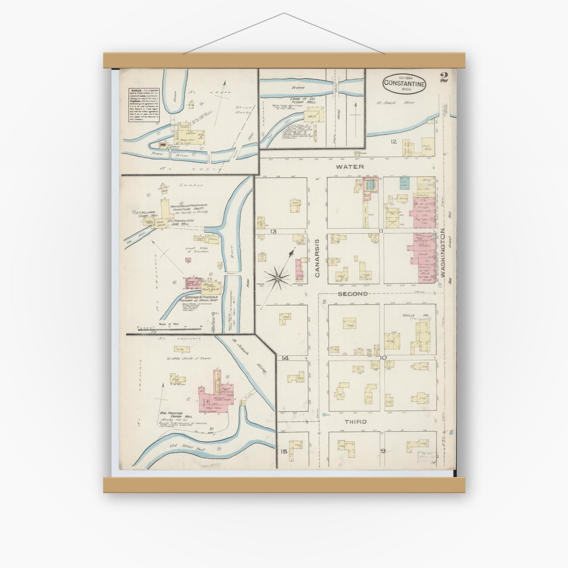 Old map wall art mockup — magnetic wood frame on white wall — Sanborn Fire Insurance Map from Constantine, Saint Joseph County, Michigan (1884), Sheet #0002