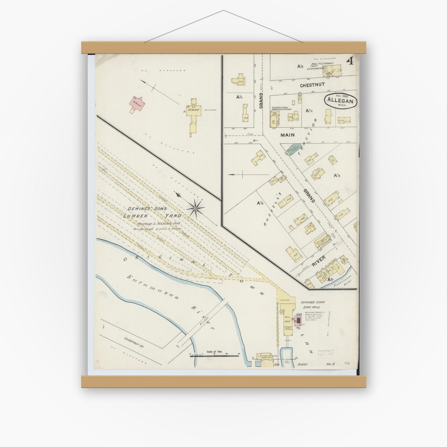 Old map wall art mockup — magnetic wood frame on white wall — Sanborn Fire Insurance Map from Allegan, Allegan County, Michigan (1888), Sheet #0004
