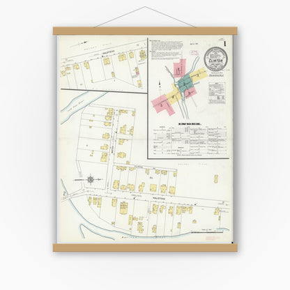 Old map wall art mockup — magnetic wood frame on white wall — Sanborn Fire Insurance Map from Clinton, Hunterdon County, New Jersey (1912), Sheet #0001