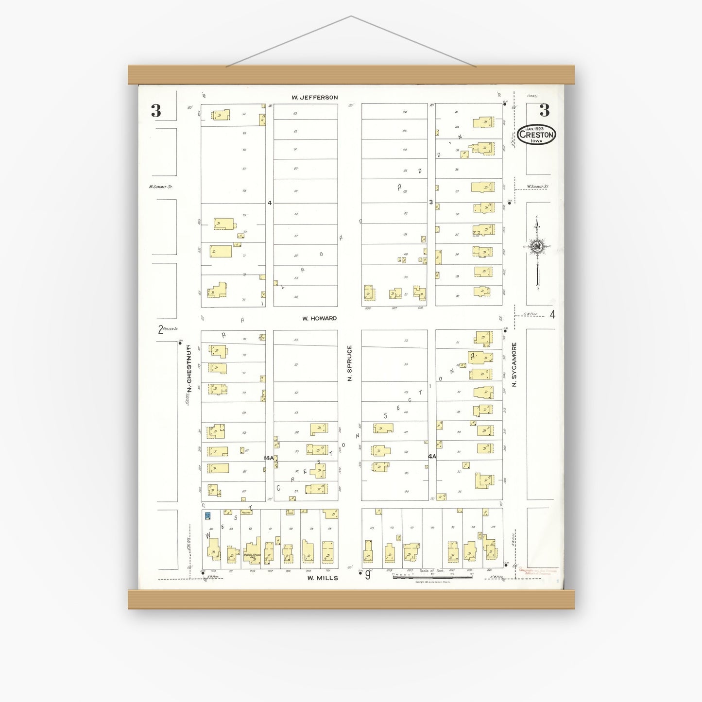 Old map wall art mockup — magnetic wood frame on white wall — Sanborn Fire Insurance Map from Creston, Union County, Iowa (1923), Sheet #0003