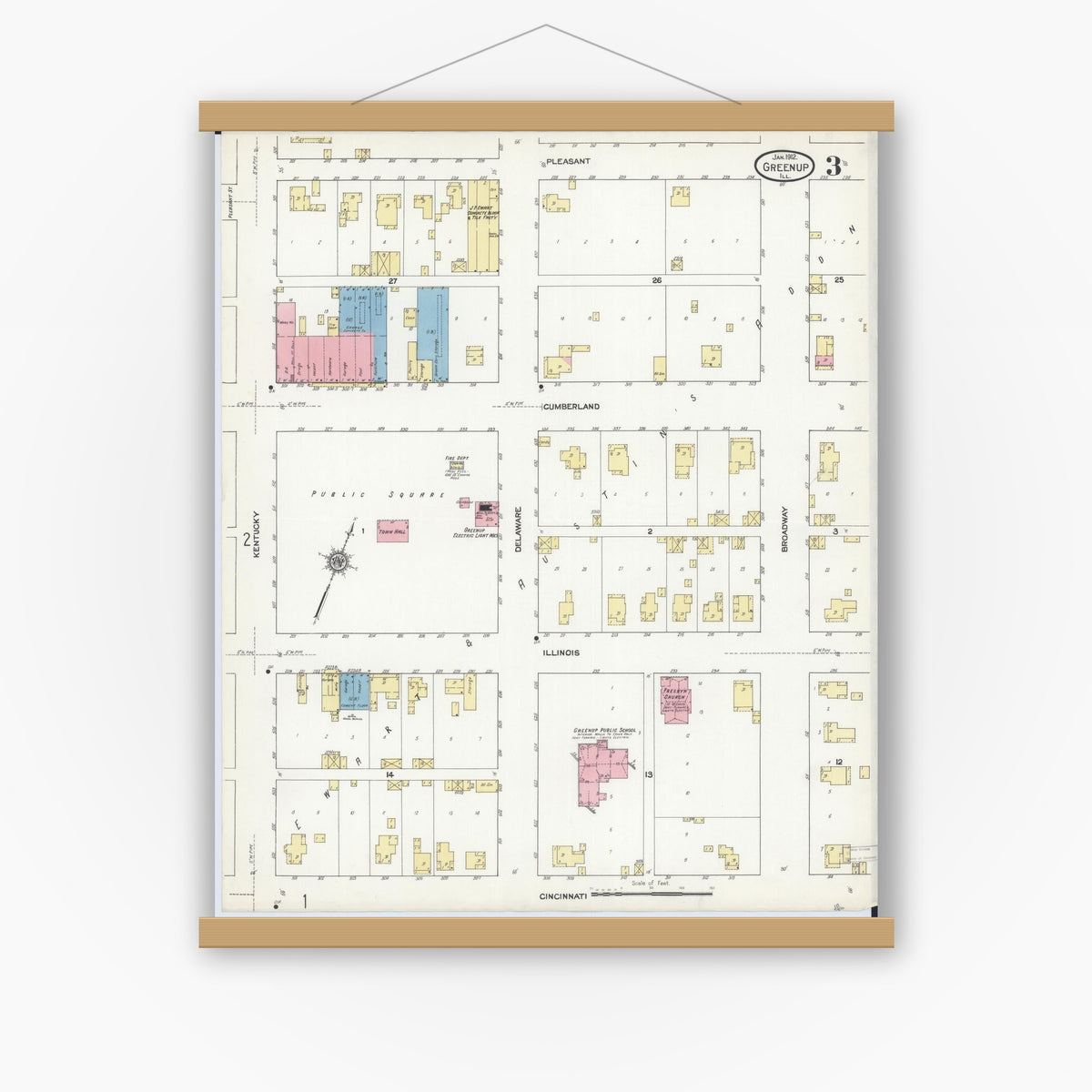 Old map wall art mockup — magnetic wood frame on white wall — Sanborn Fire Insurance Map from Greenup, Cumberland County, Illinois (1912), Sheet #0003