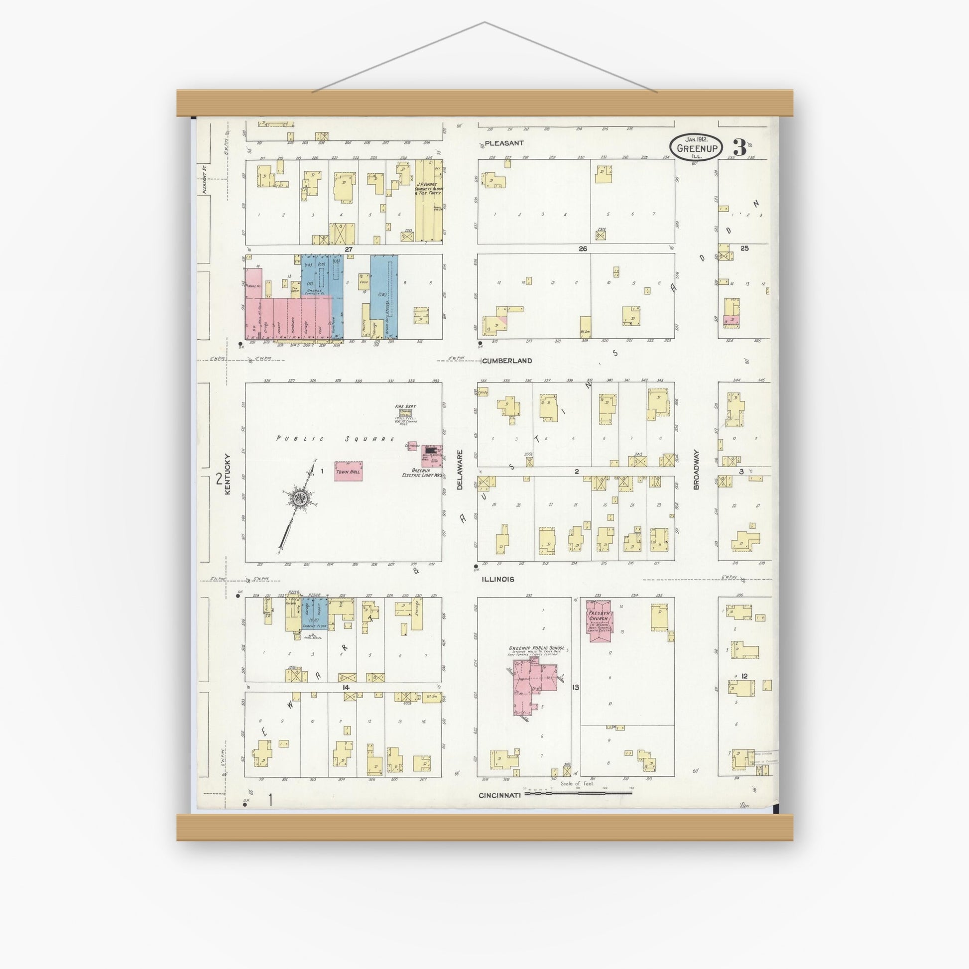 Old map wall art mockup — magnetic wood frame on white wall — Sanborn Fire Insurance Map from Greenup, Cumberland County, Illinois (1912), Sheet #0003
