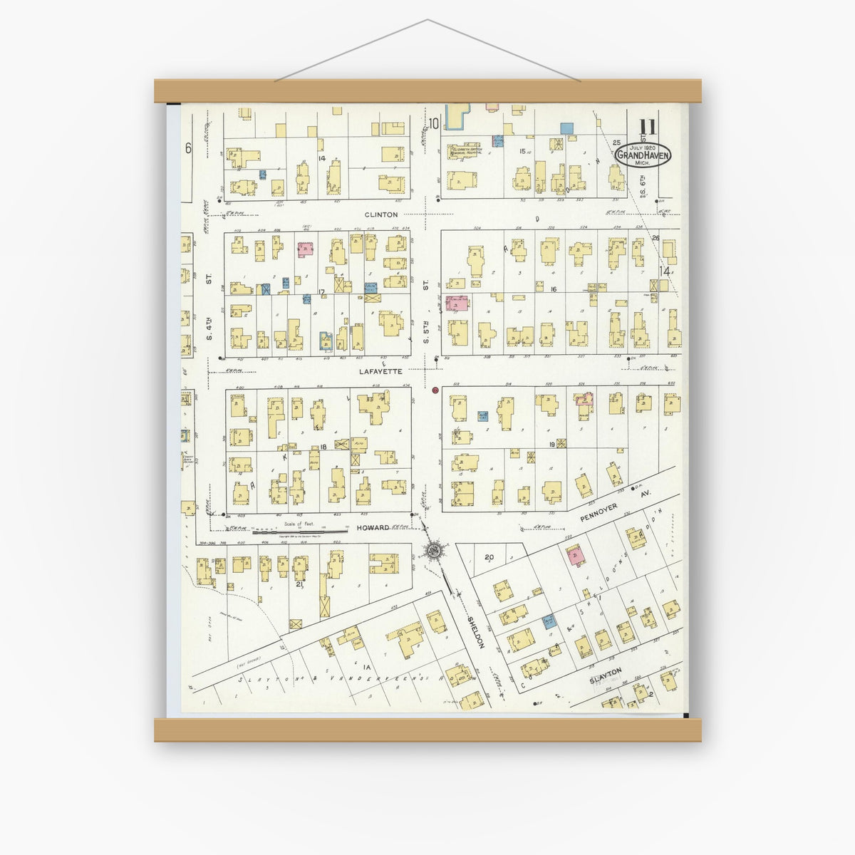 Old map wall art mockup — magnetic wood frame on white wall — Sanborn Fire Insurance Map from Grand Haven, Ottawa County, Michigan (1920), Sheet #0011