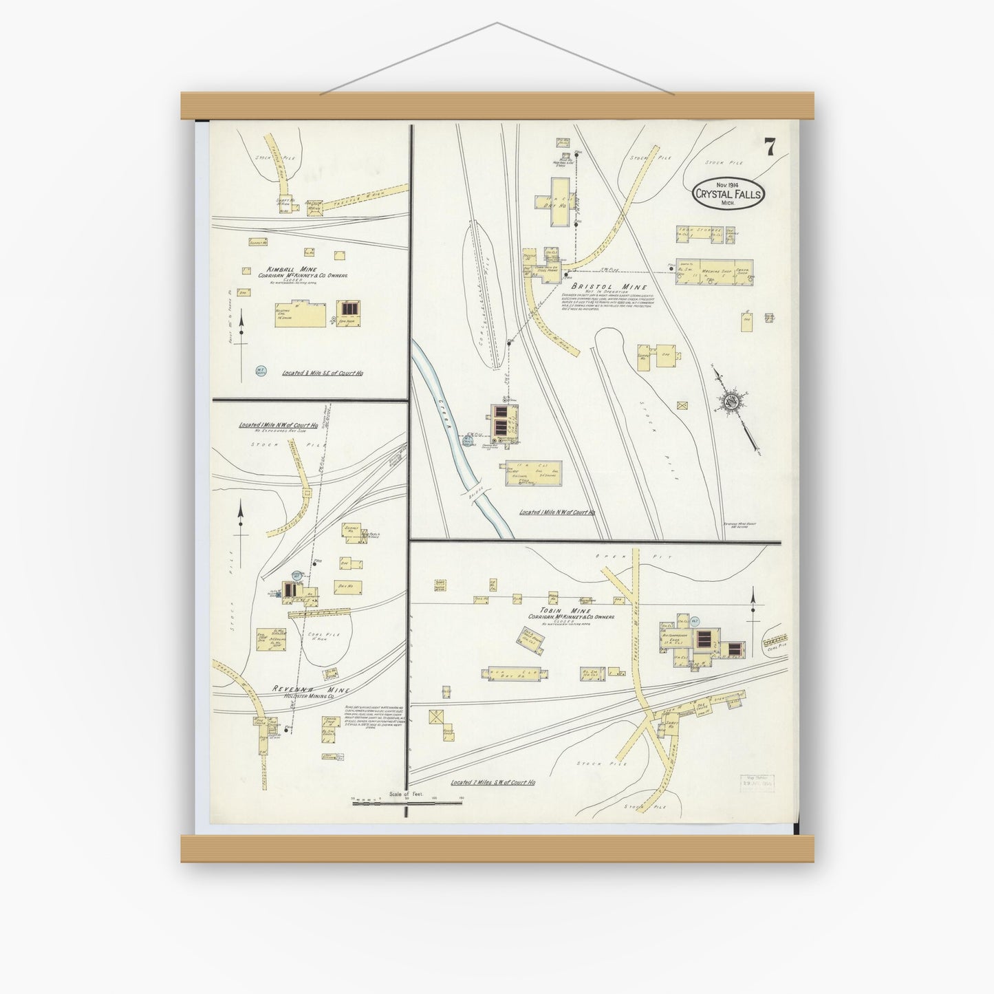 Old map wall art mockup — magnetic wood frame on white wall — Sanborn Fire Insurance Map from Crystal Falls, Iron County, Michigan (1914), Sheet #0007