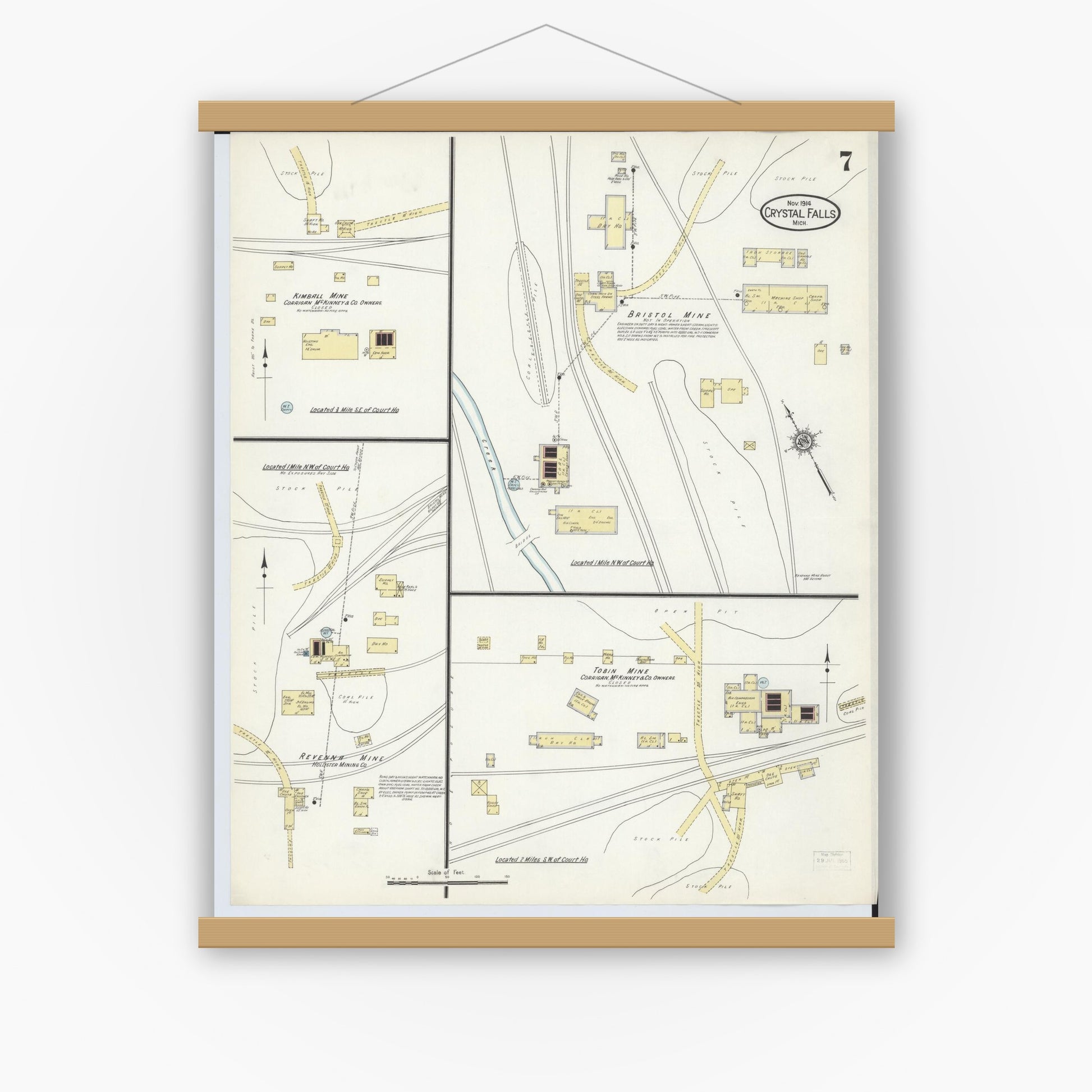 Old map wall art mockup — magnetic wood frame on white wall — Sanborn Fire Insurance Map from Crystal Falls, Iron County, Michigan (1914), Sheet #0007