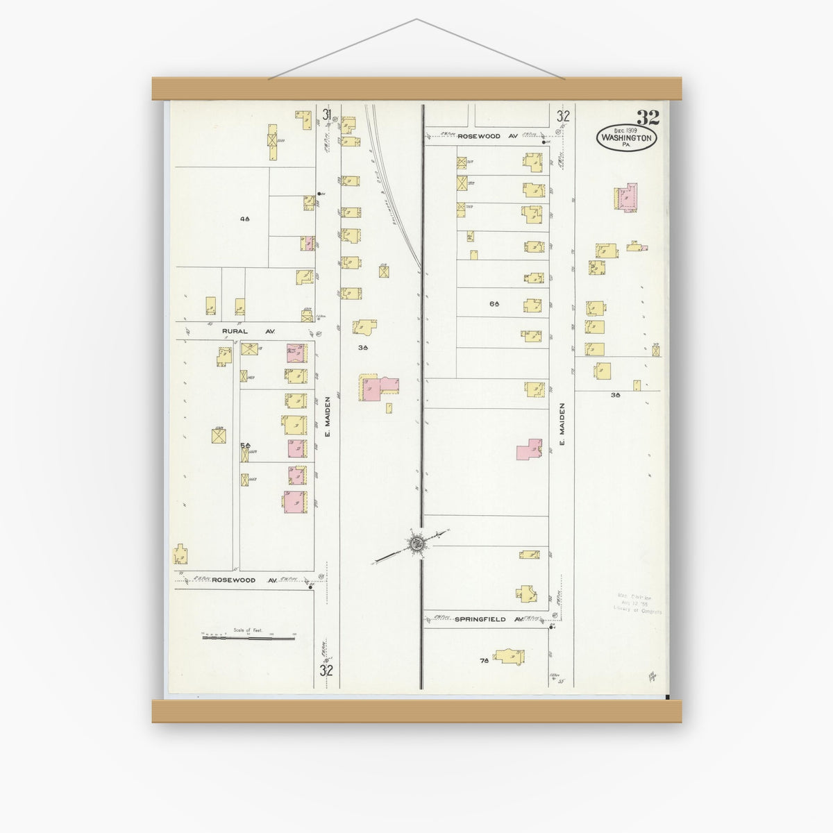 Old map wall art mockup — magnetic wood frame on white wall — Sanborn Fire Insurance Map from Washington, Washington County, Pennsylvania (1909), Sheet #0032