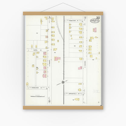 Old map wall art mockup — magnetic wood frame on white wall — Sanborn Fire Insurance Map from Washington, Washington County, Pennsylvania (1909), Sheet #0032