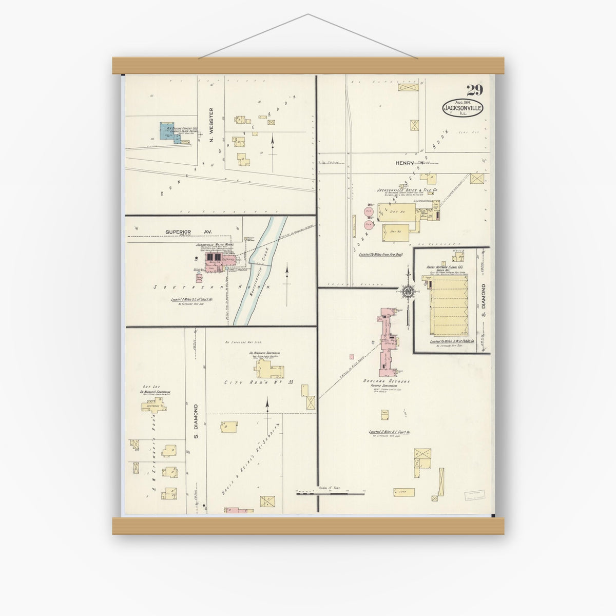 Old map wall art mockup — magnetic wood frame on white wall — Sanborn Fire Insurance Map from Jacksonville, Morgan County, Illinois (1914), Sheet #0029