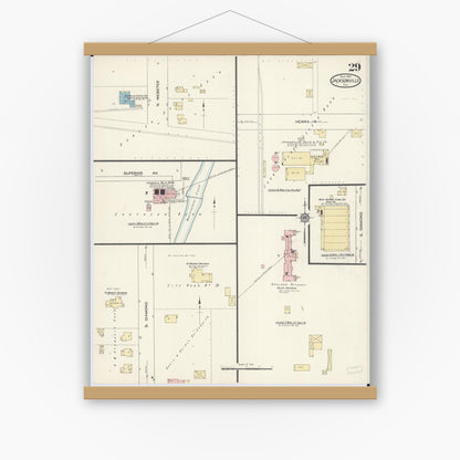 Old map wall art mockup — magnetic wood frame on white wall — Sanborn Fire Insurance Map from Jacksonville, Morgan County, Illinois (1914), Sheet #0029
