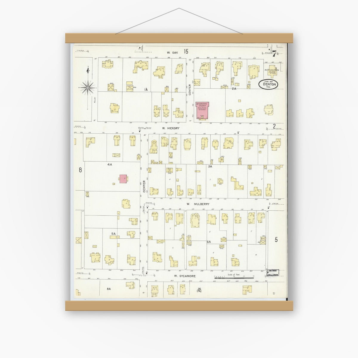 Old map wall art mockup — magnetic wood frame on white wall — Sanborn Fire Insurance Map from Denton, Denton County, Texas (1907), Sheet #0007