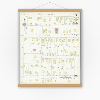 Old map wall art mockup — magnetic wood frame on white wall — Sanborn Fire Insurance Map from Denton, Denton County, Texas (1907), Sheet #0007