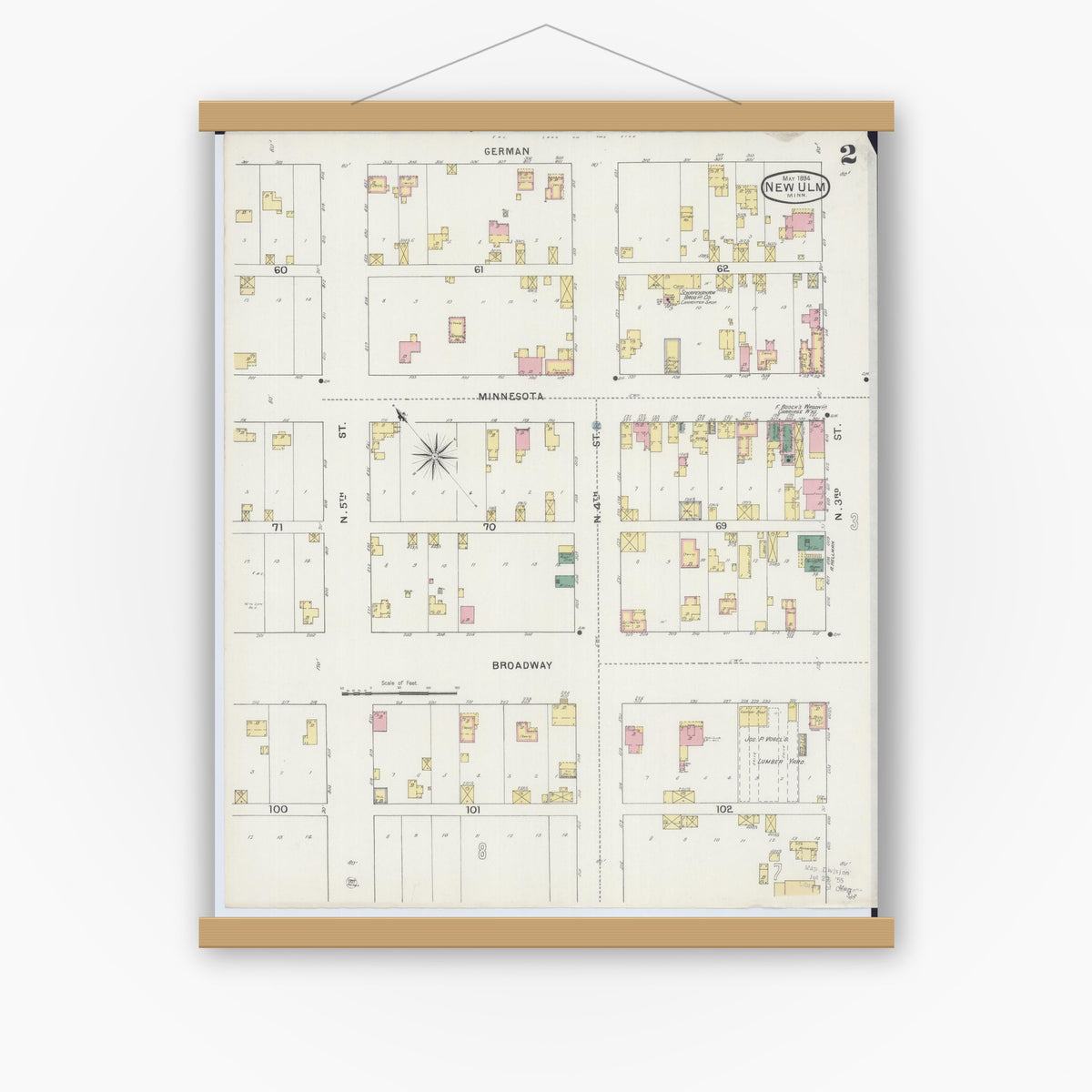 Old map wall art mockup — magnetic wood frame on white wall — Sanborn Fire Insurance Map from New Ulm, Brown County, Minnesota (1894), Sheet #0002