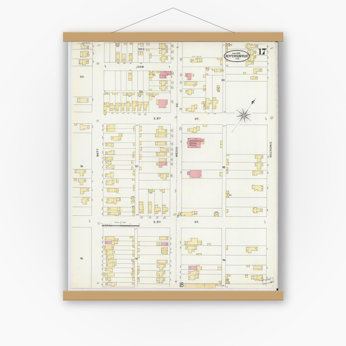 Old map wall art mockup — magnetic wood frame on white wall — Sanborn Fire Insurance Map from Jeffersonville, Clark County, Indiana (1898), Sheet #0017