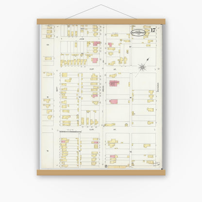 Old map wall art mockup — magnetic wood frame on white wall — Sanborn Fire Insurance Map from Jeffersonville, Clark County, Indiana (1898), Sheet #0017