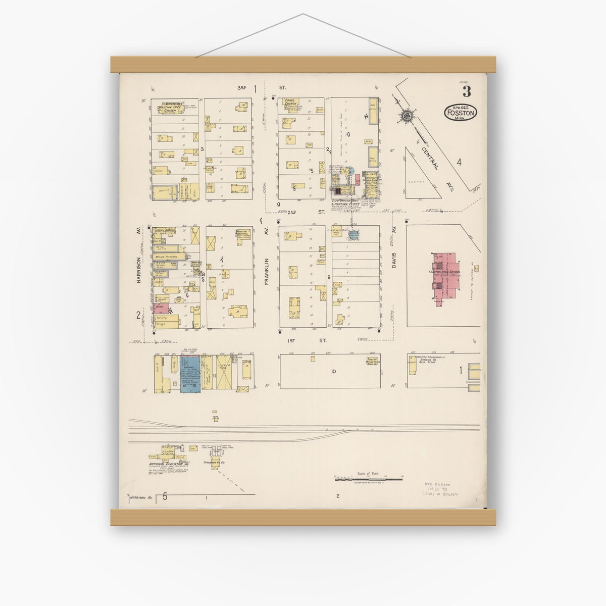 Old map wall art mockup — magnetic wood frame on white wall — Sanborn Fire Insurance Map from Fosston, Polk County, Minnesota (1922), Sheet #0003