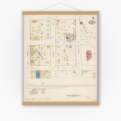 Old map wall art mockup — magnetic wood frame on white wall — Sanborn Fire Insurance Map from Fosston, Polk County, Minnesota (1922), Sheet #0003