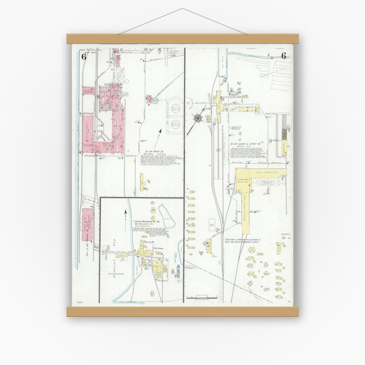 Old map wall art mockup — magnetic wood frame on white wall — Sanborn Fire Insurance Map from Port Saint Joe, Gulf County, Florida (1940), Sheet #0006