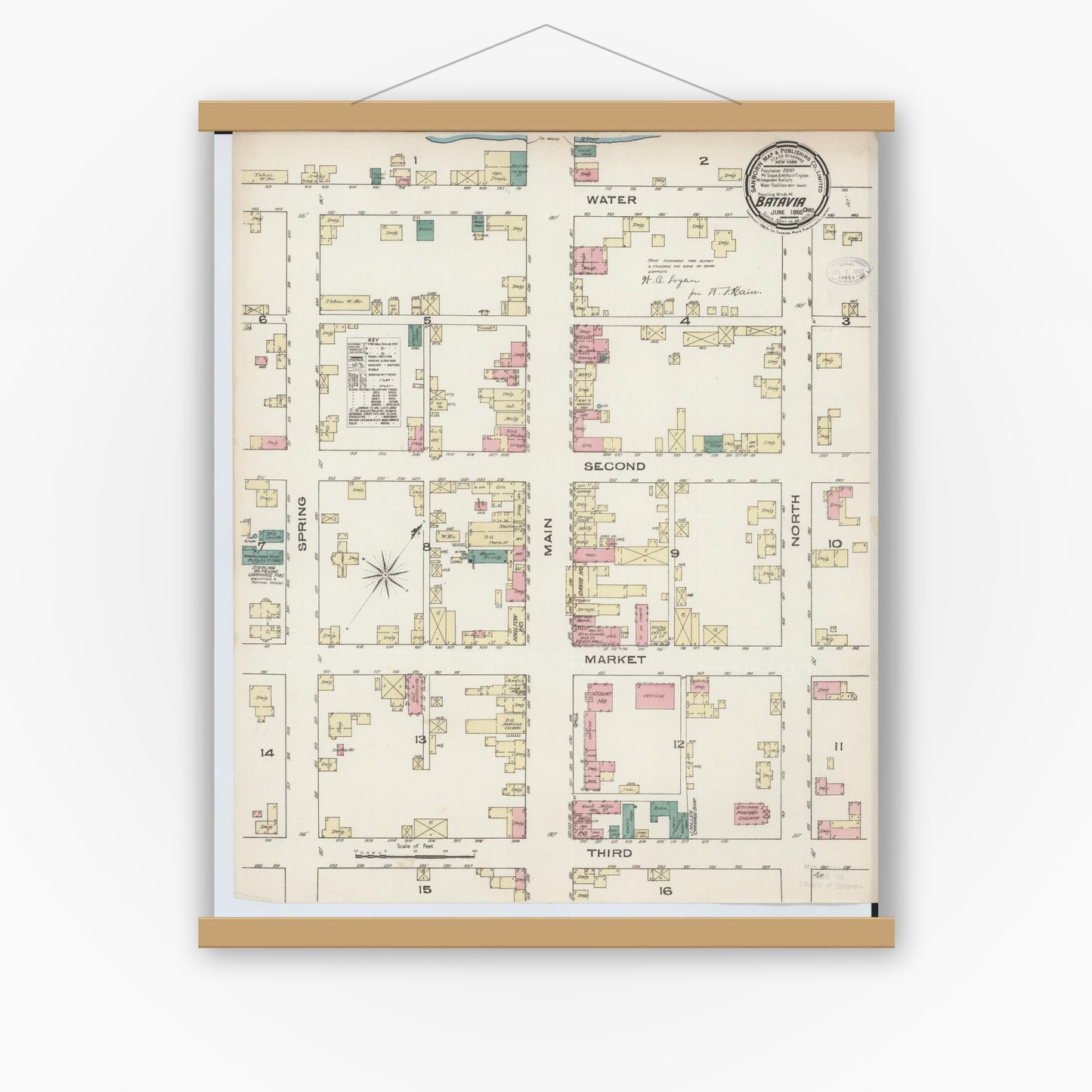 Old map wall art mockup — magnetic wood frame on white wall — Sanborn Fire Insurance Map from Batavia, Clermont County, Ohio (1885), Sheet #0001