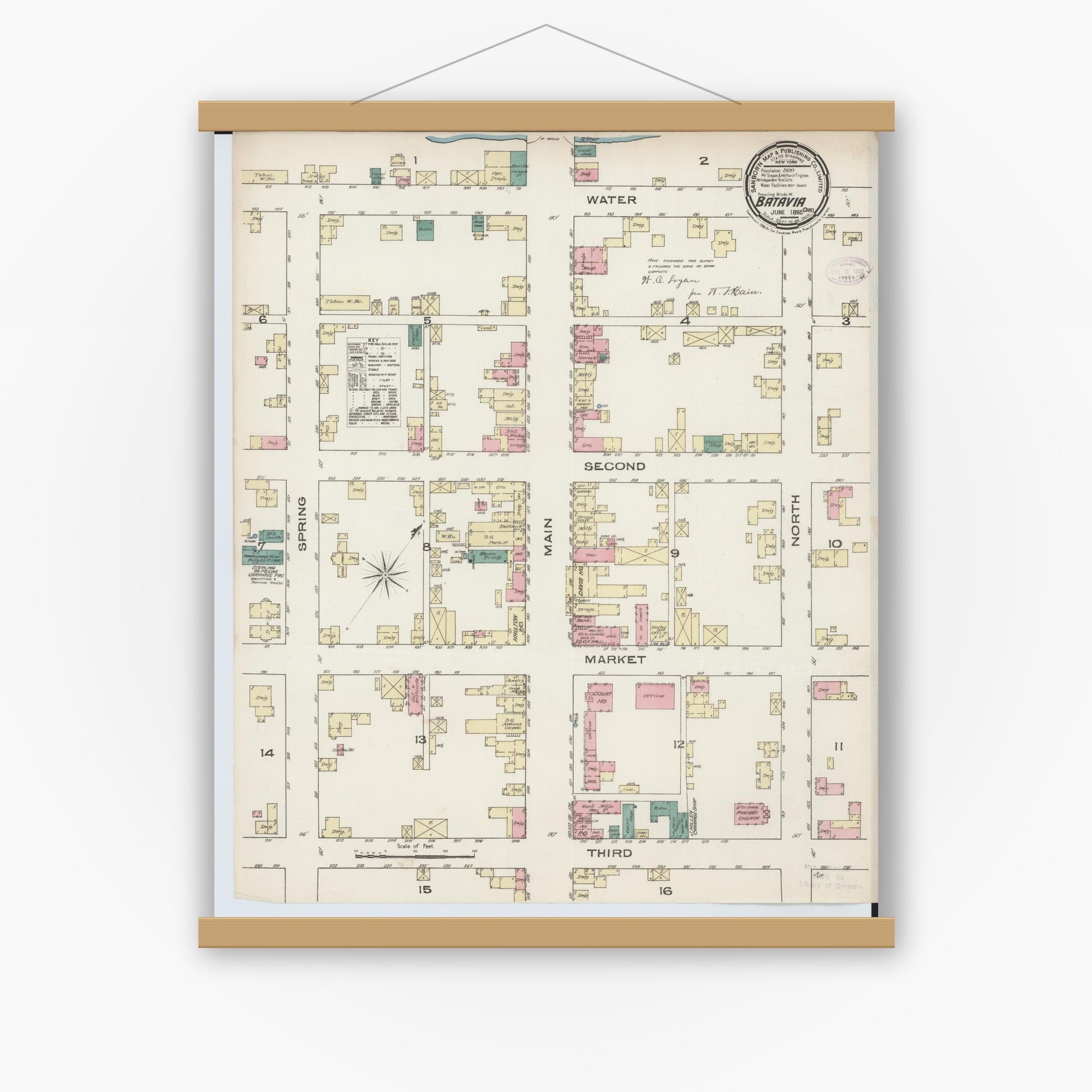 Old map wall art mockup — magnetic wood frame on white wall — Sanborn Fire Insurance Map from Batavia, Clermont County, Ohio (1885), Sheet #0001