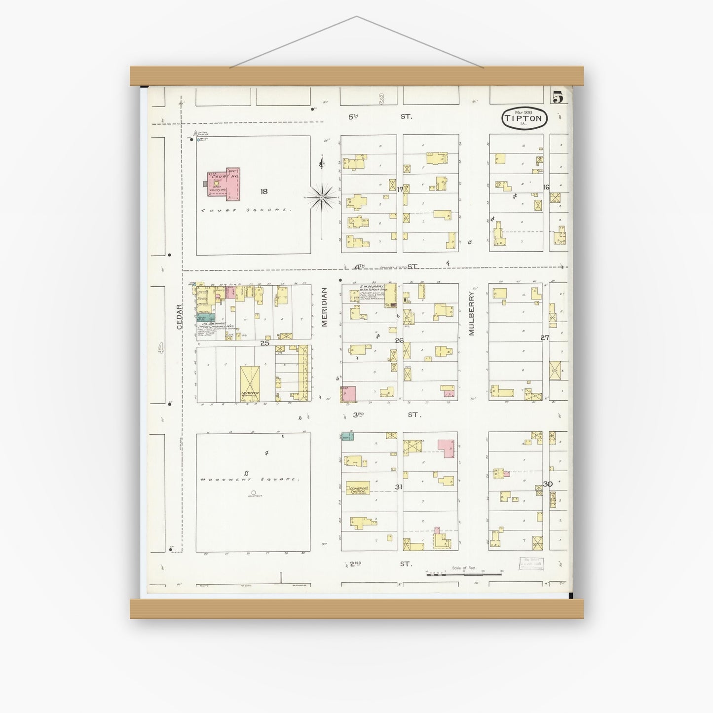 Old map wall art mockup — magnetic wood frame on white wall — Sanborn Fire Insurance Map from Tipton, Cedar County, Iowa (1893), Sheet #0005