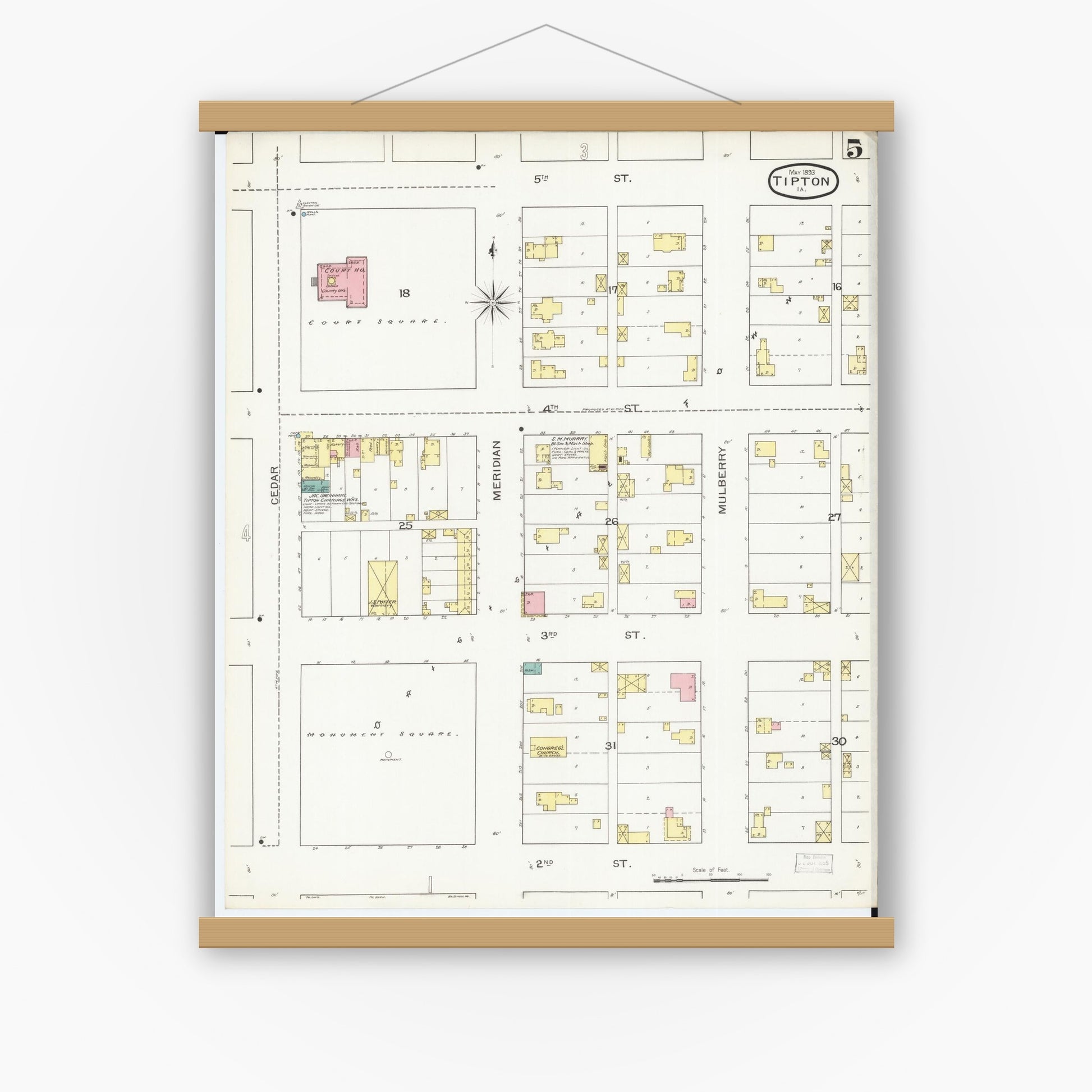 Old map wall art mockup — magnetic wood frame on white wall — Sanborn Fire Insurance Map from Tipton, Cedar County, Iowa (1893), Sheet #0005
