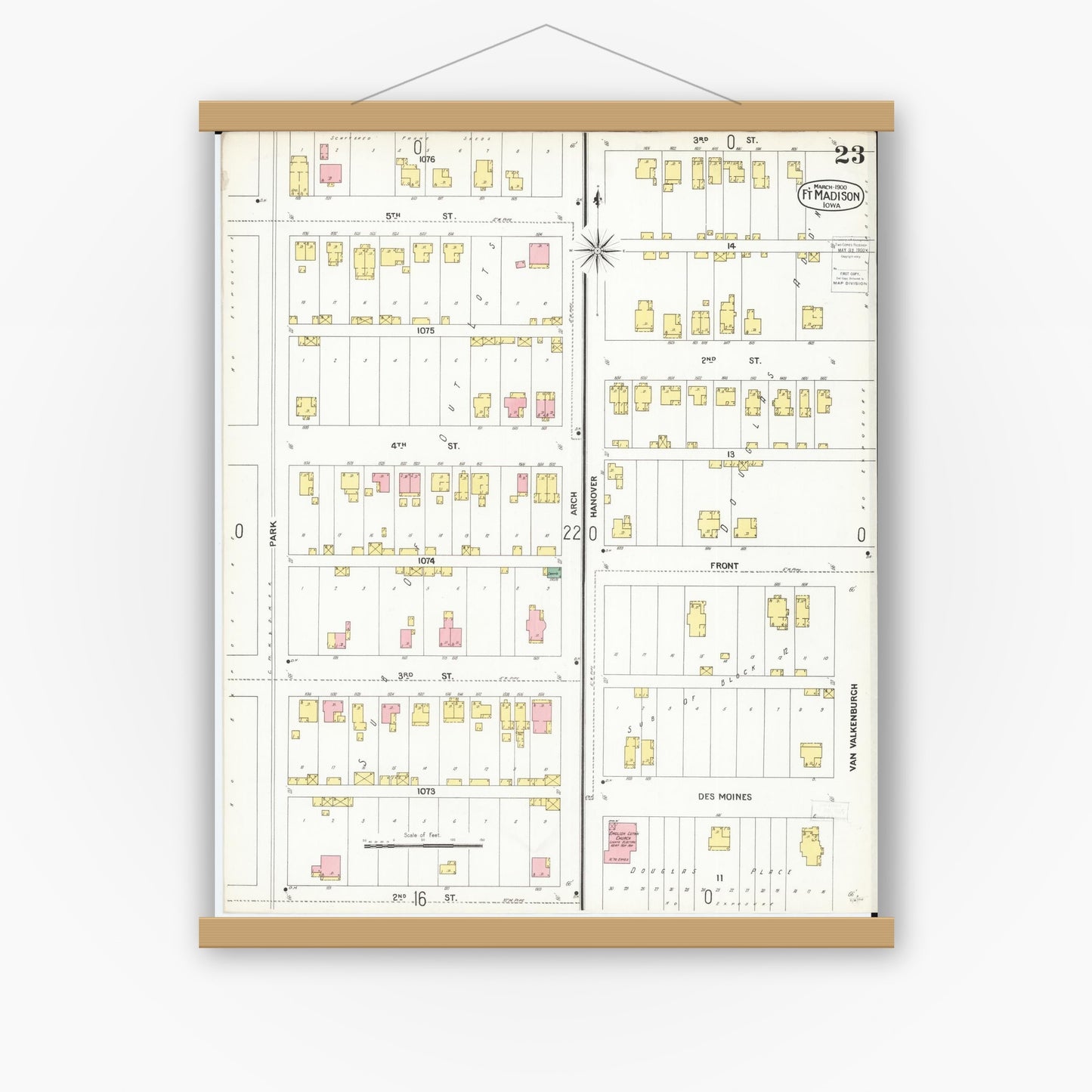 Old map wall art mockup — magnetic wood frame on white wall — Sanborn Fire Insurance Map from Fort Madison, Lee County, Iowa (1900), Sheet #0023
