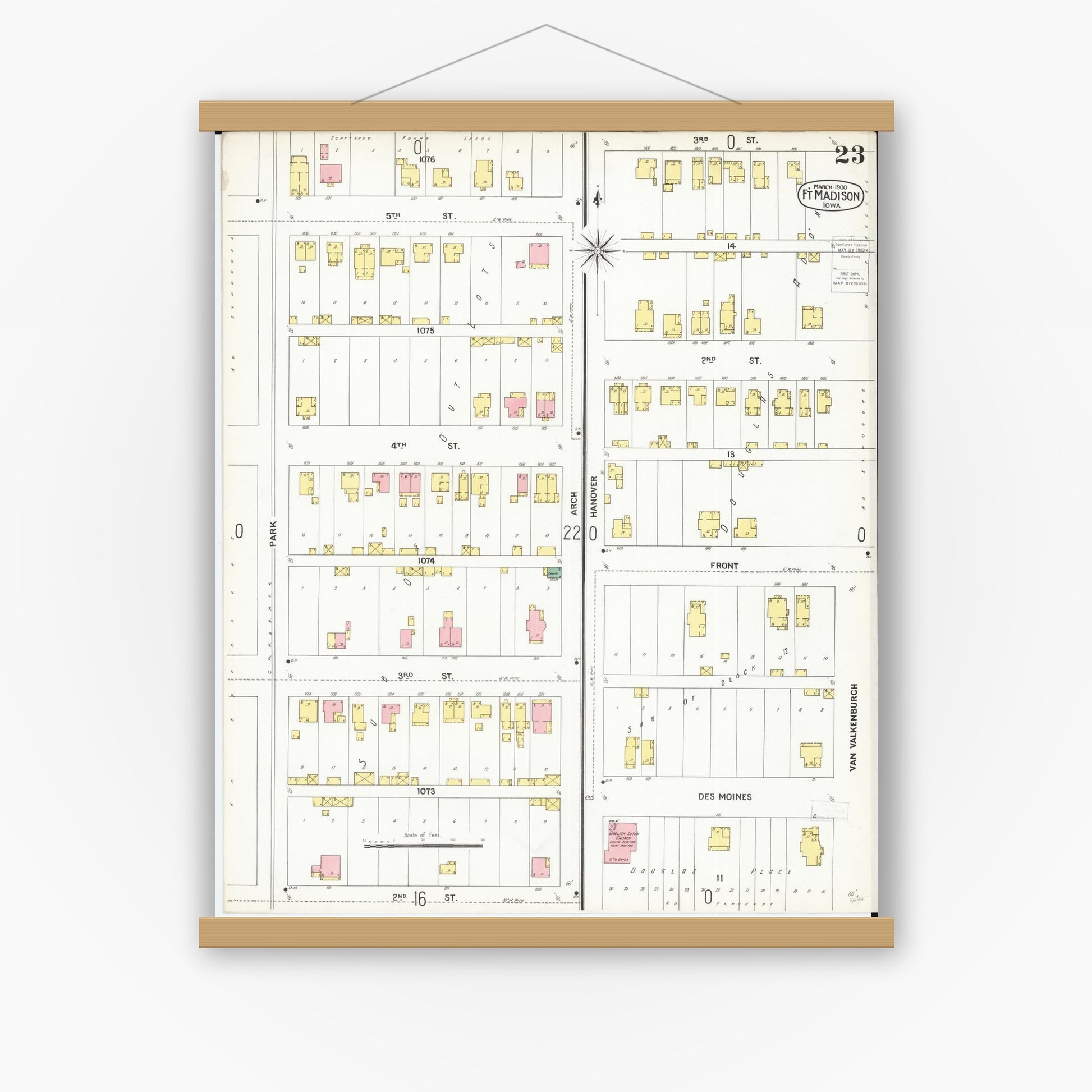 Old map wall art mockup — magnetic wood frame on white wall — Sanborn Fire Insurance Map from Fort Madison, Lee County, Iowa (1900), Sheet #0023