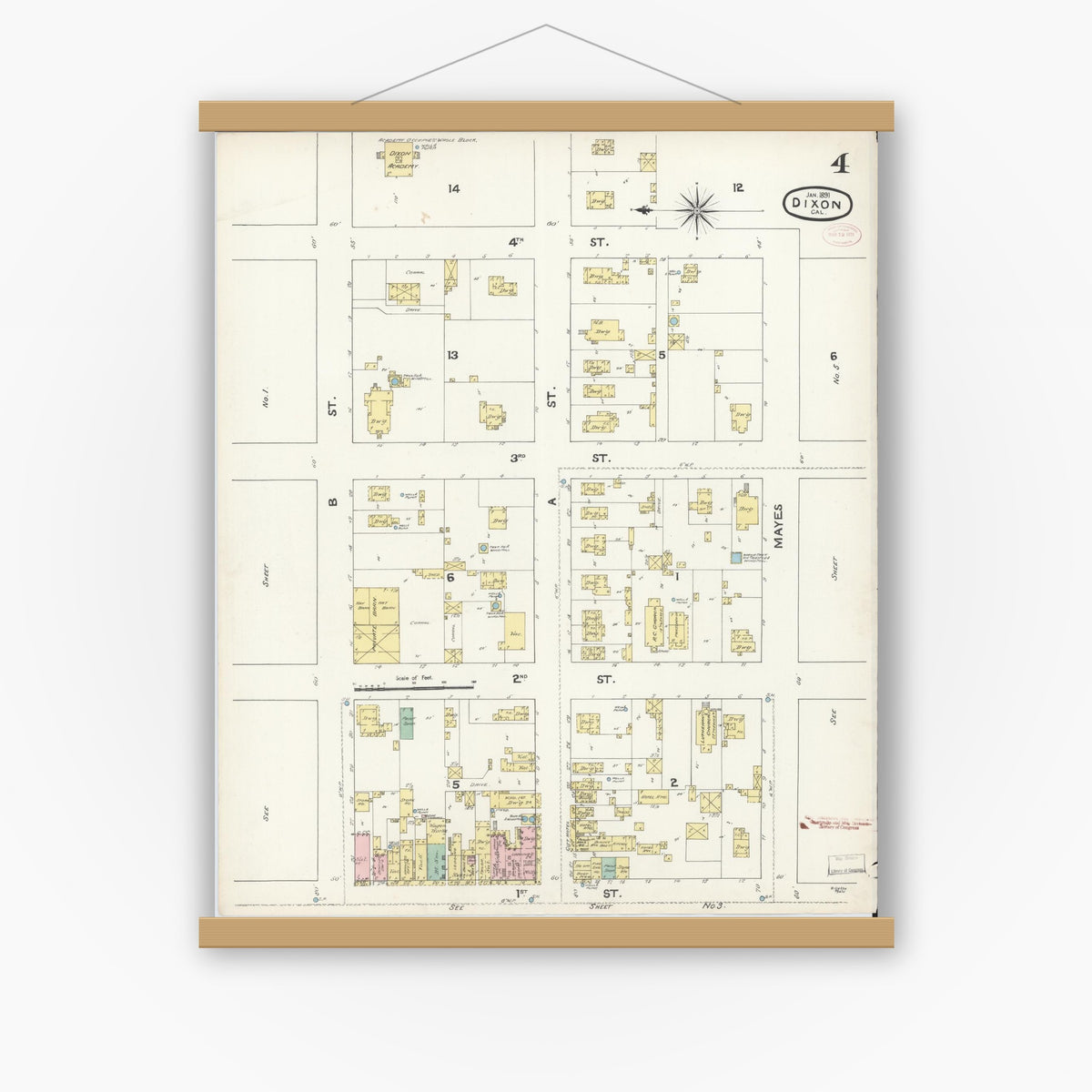 Old map wall art mockup — magnetic wood frame on white wall — Sanborn Fire Insurance Map from Dixon, Solano County, California (1891), Sheet #0004