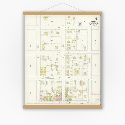 Old map wall art mockup — magnetic wood frame on white wall — Sanborn Fire Insurance Map from Dixon, Solano County, California (1891), Sheet #0004