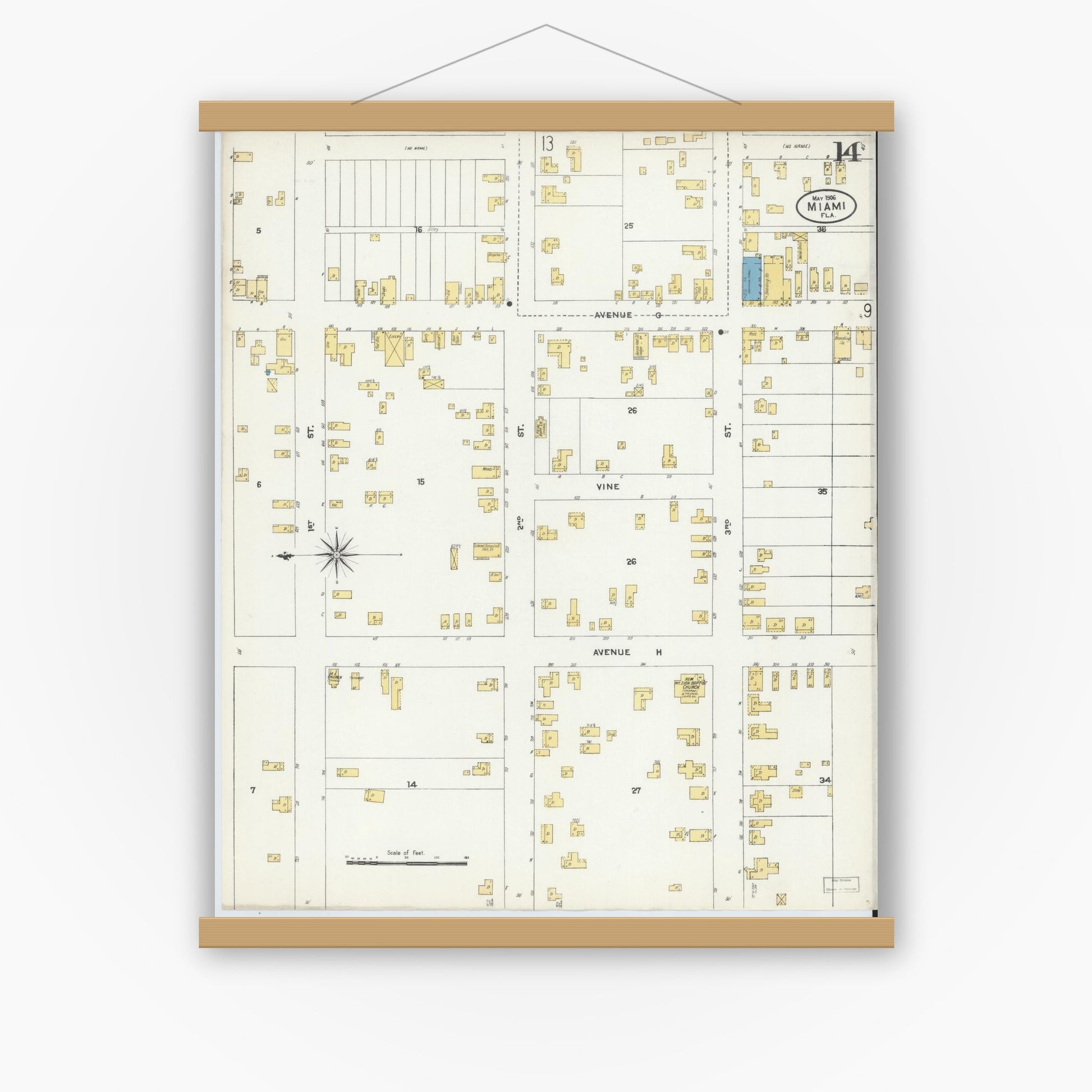 Old map wall art mockup — magnetic wood frame on white wall — Sanborn Fire Insurance Map from Miami, Dade County, Florida (1906), Sheet #0014