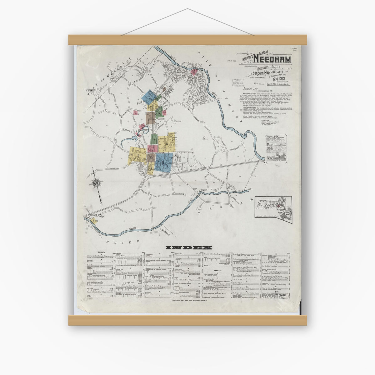 Old map wall art mockup — magnetic wood frame on white wall — Sanborn Fire Insurance Map from Needham, Norfolk County, Massachusetts (1919) - Complete Map Set
