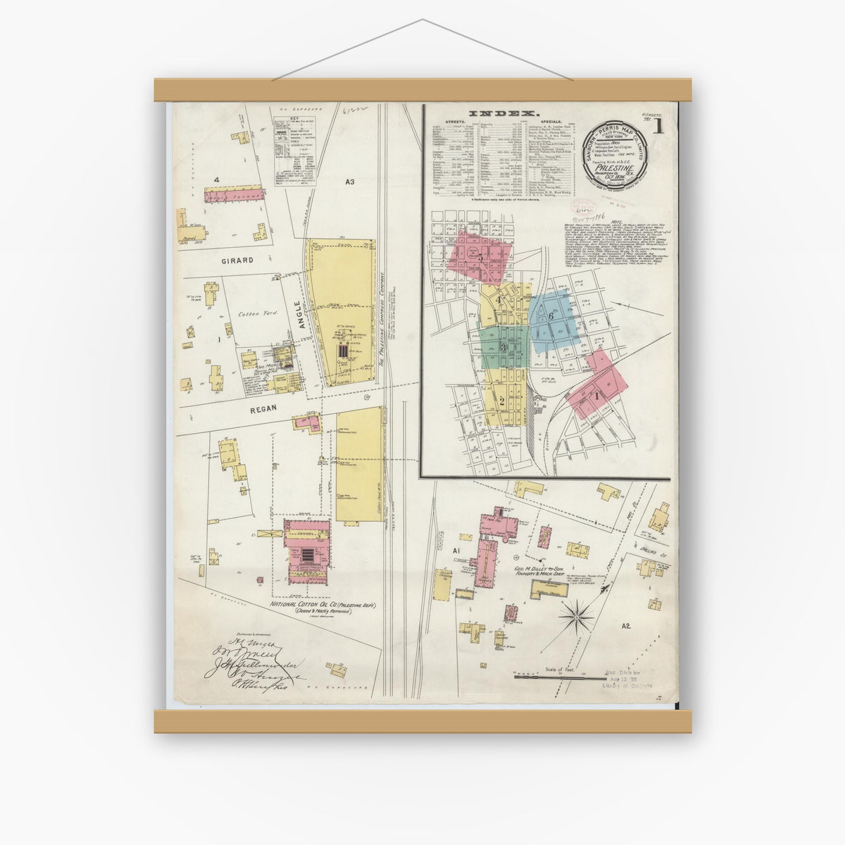 Old map wall art mockup — magnetic wood frame on white wall — Sanborn Fire Insurance Map from Palestine, Anderson County, Texas (1896), Sheet #0001