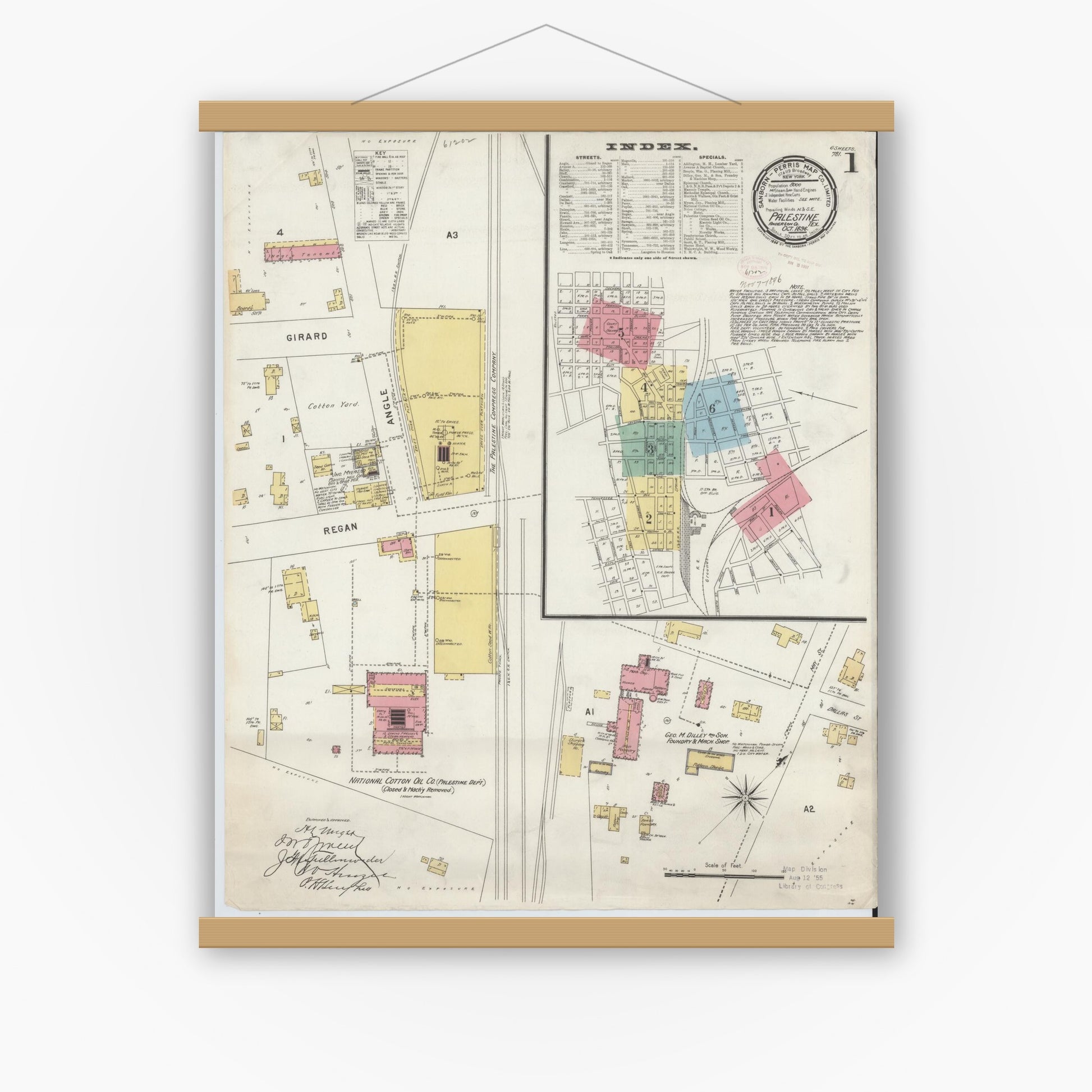 Old map wall art mockup — magnetic wood frame on white wall — Sanborn Fire Insurance Map from Palestine, Anderson County, Texas (1896), Sheet #0001