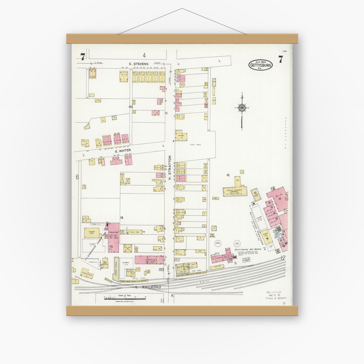 Old map wall art mockup — magnetic wood frame on white wall — Sanborn Fire Insurance Map from Gettysburg, Adams County, Pennsylvania (1924), Sheet #0007