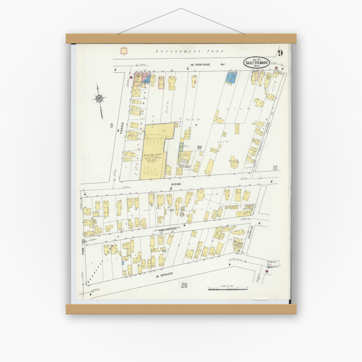 Old map wall art mockup — magnetic wood frame on white wall — Sanborn Fire Insurance Map from Sault Sainte Marie, Chippewa County, Michigan (1915), Sheet #0009