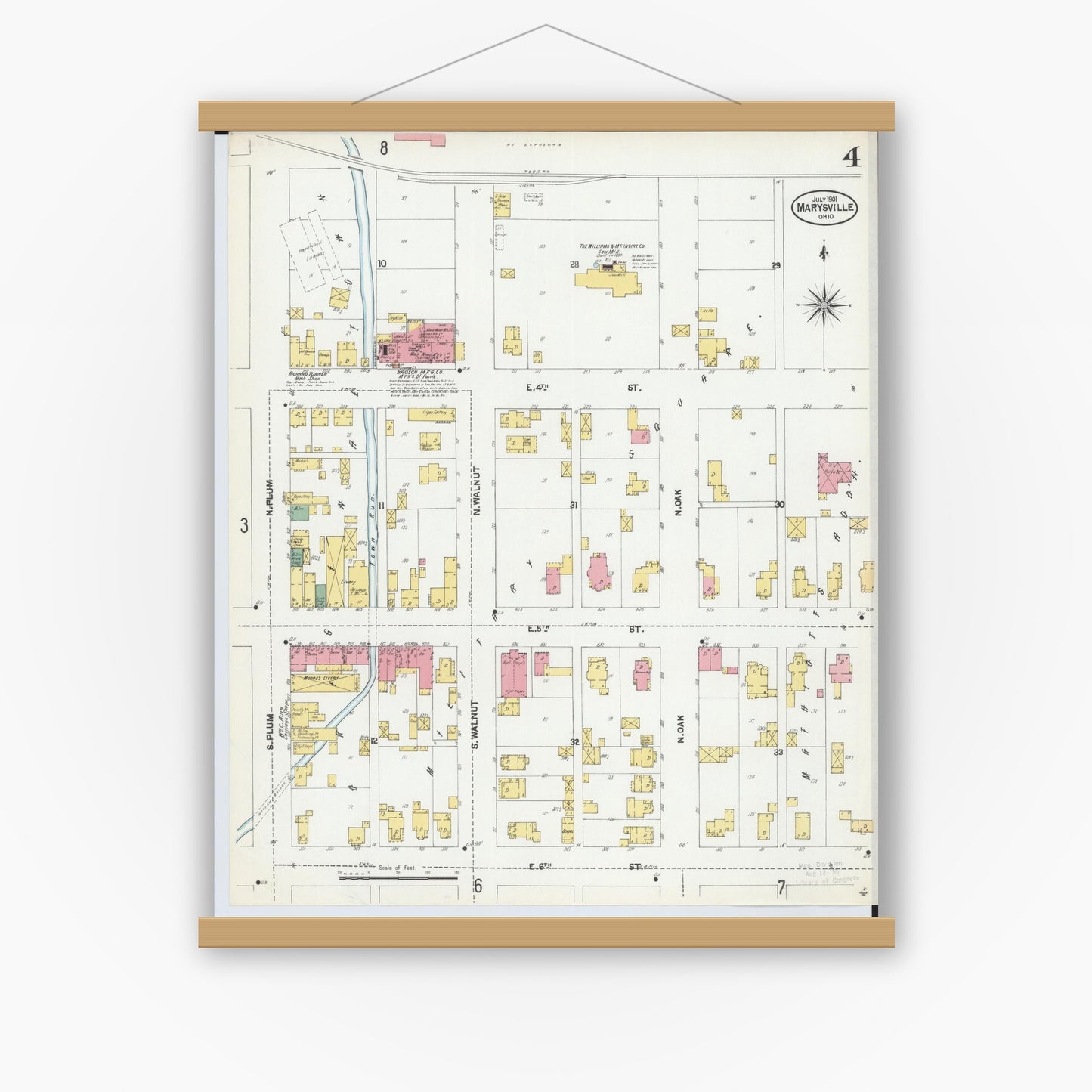 Old map wall art mockup — magnetic wood frame on white wall — Sanborn Fire Insurance Map from Marysville, Union County, Ohio (1901), Sheet #0004