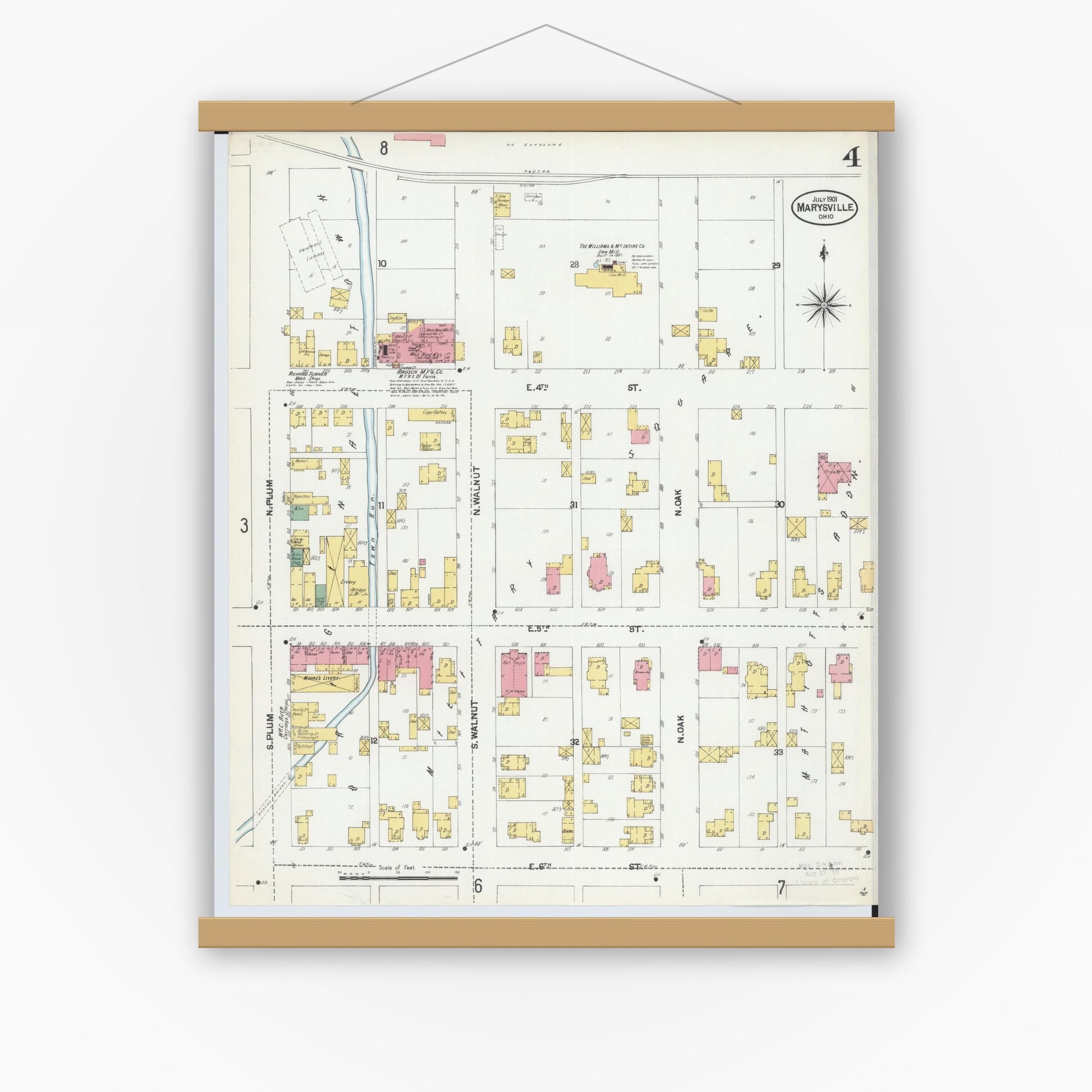 Old map wall art mockup — magnetic wood frame on white wall — Sanborn Fire Insurance Map from Marysville, Union County, Ohio (1901), Sheet #0004